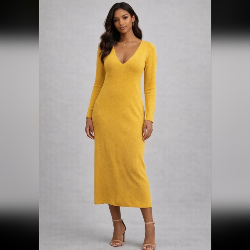 Free People Beach V-Neck Long Sleeve Midi Dress in Mustard Yellow